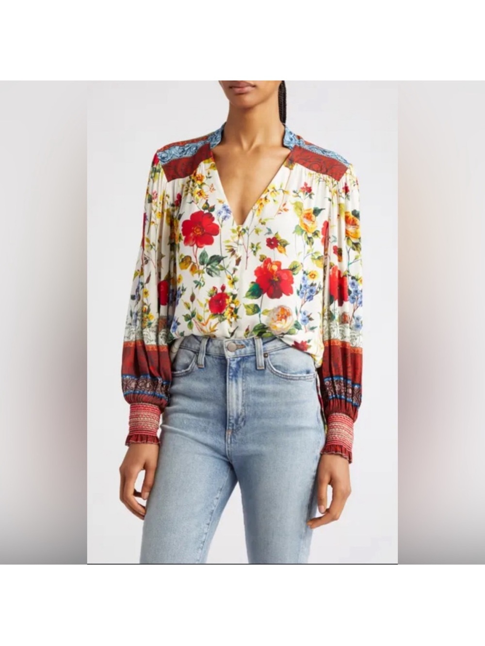 Alice + Olivia Floral V-Neck Blouse — Cream with Red, Yellow & Blue Accents